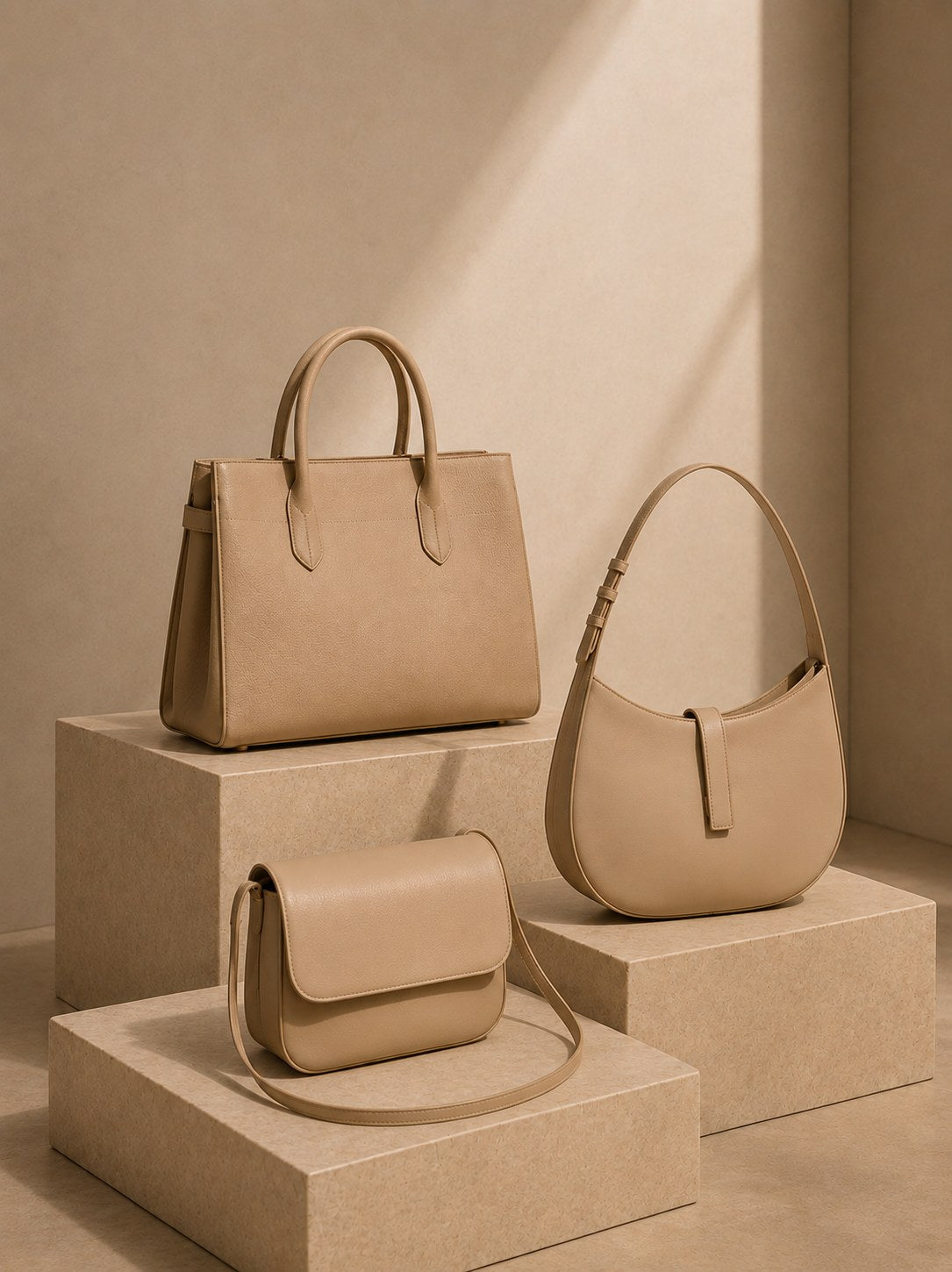 Symbolbild, KI-generiert: Drei beige Lederhandtaschen auf Steinpodesten, Shopper, Schultertasche und Umhängetasche